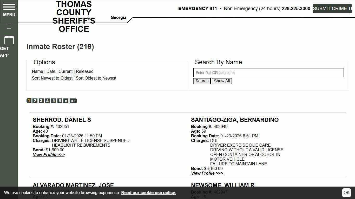 Inmate Roster Thomas County Sheriff's Office Sort Booking Time - Descending Page 1