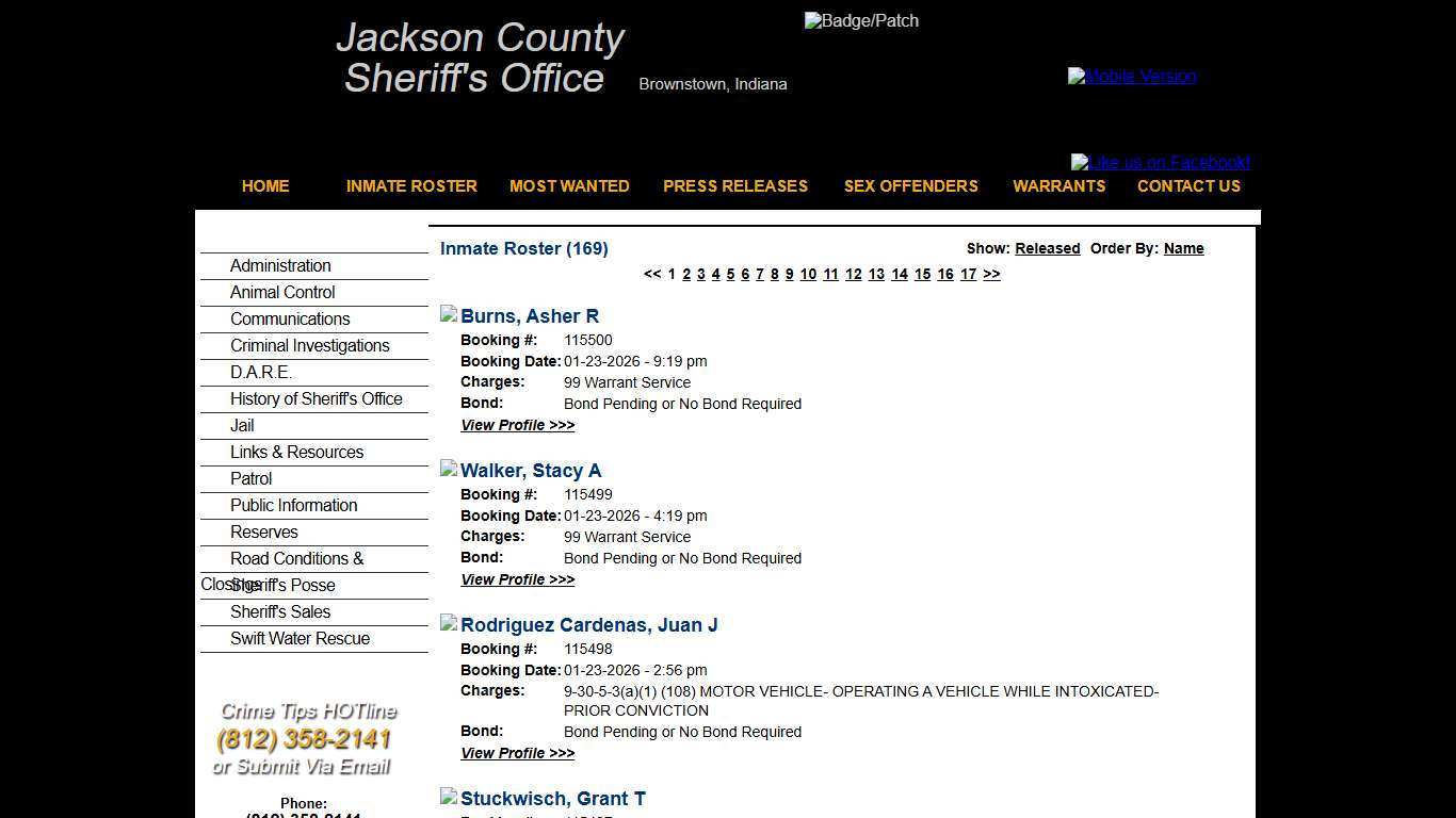 Inmate Roster - Current Inmates Booking Date Descending - Jackson County IN Sheriff